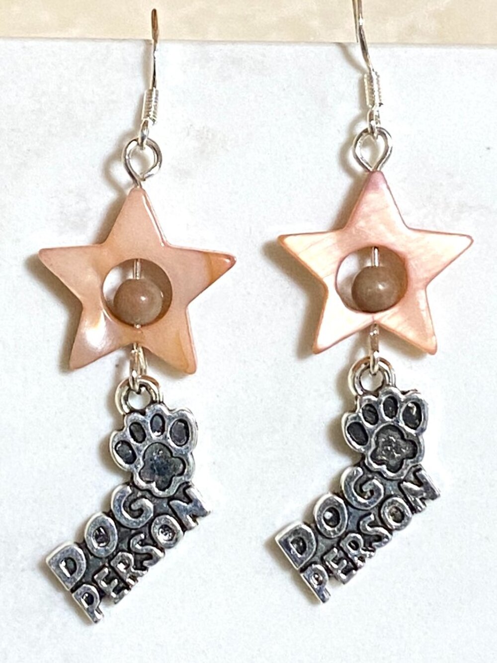 2/$20, Pink Mother of Pearl Star & Dog Person Paw Print Dangle Earrings